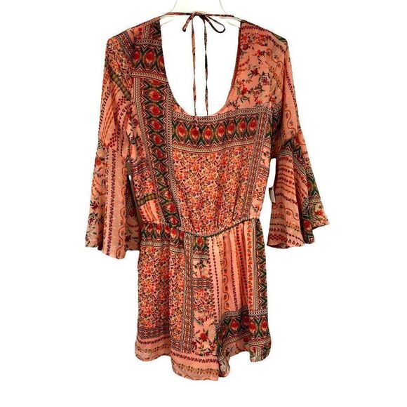 Design Lab Peach Floral Shortie Romper Sz L Lined Long Bell Sleeves Feminine NEW - Picture 5 of 6